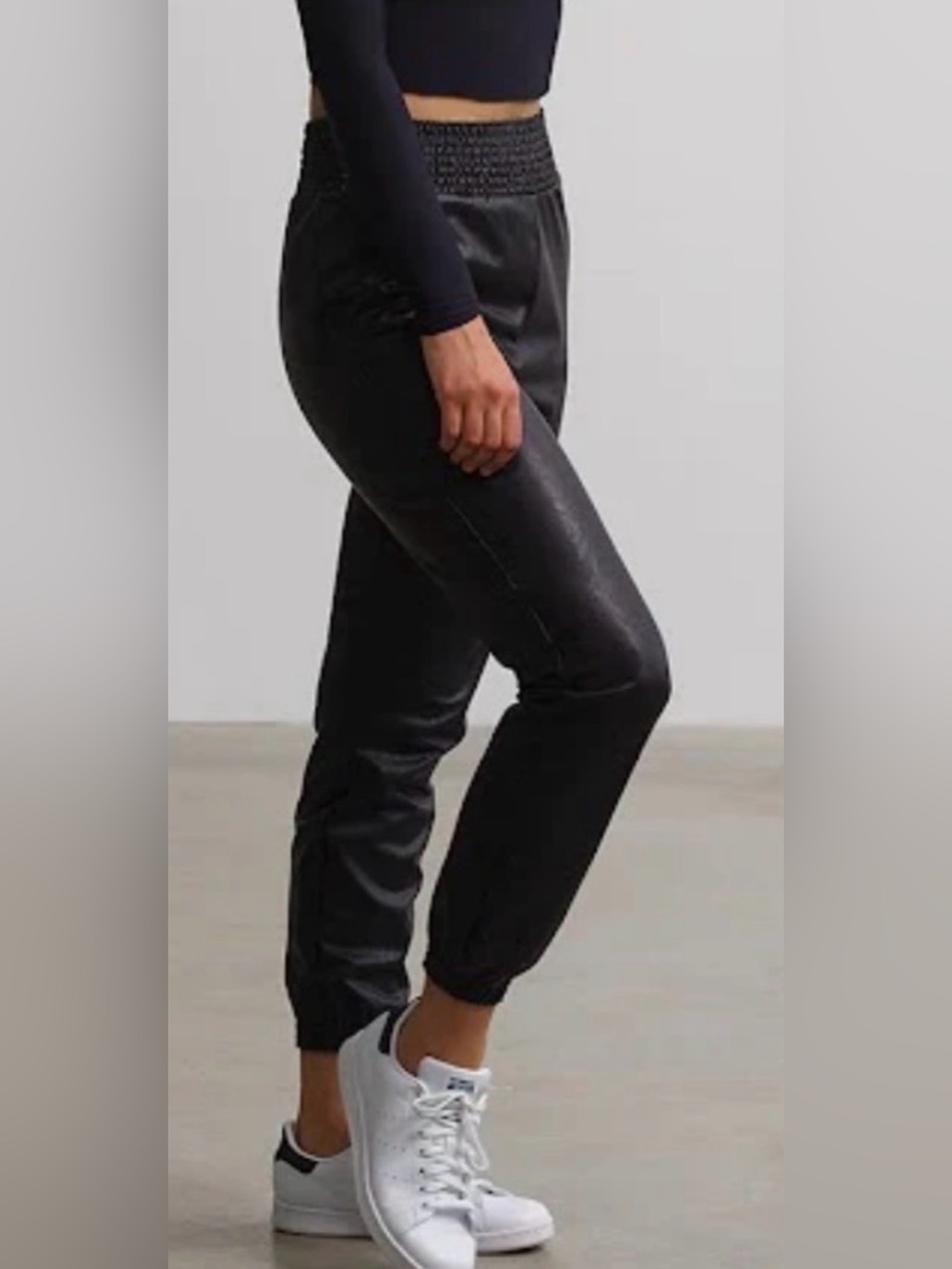 Revolve Commando Black Faux Leather Smocked Waist Jogger Pants Size Medium